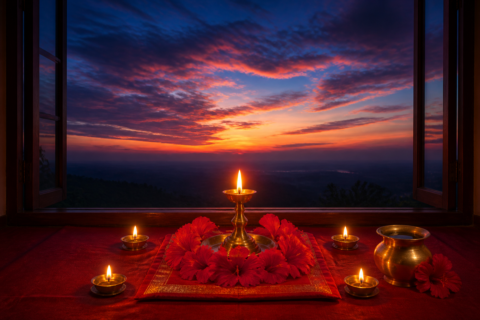 A red-clothed altar with brass lamps, hibiscus flowers, and a water vessel stands before a wide window under an indigo and rose twilight sky.