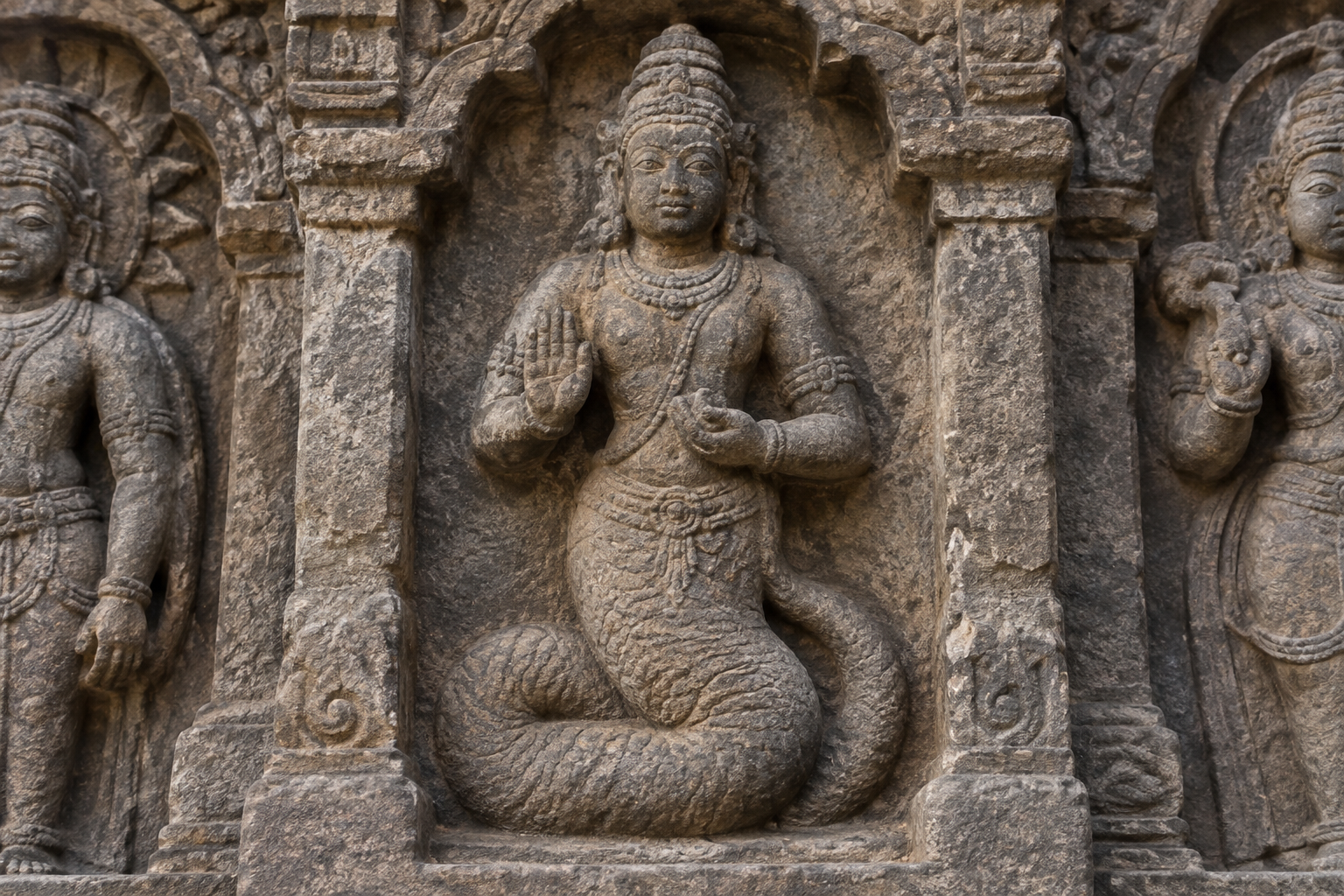 Close view of a weathered Ketu carving with a humanlike upper body, curling serpent lower body, and parts of neighboring niches visible.