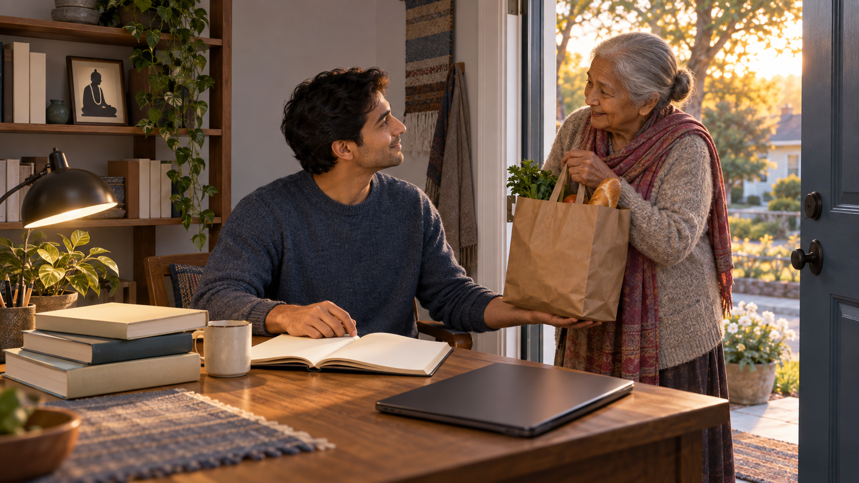 A present-day practitioner studies unmarked books at a desk before helping an elderly neighbor at the doorway.