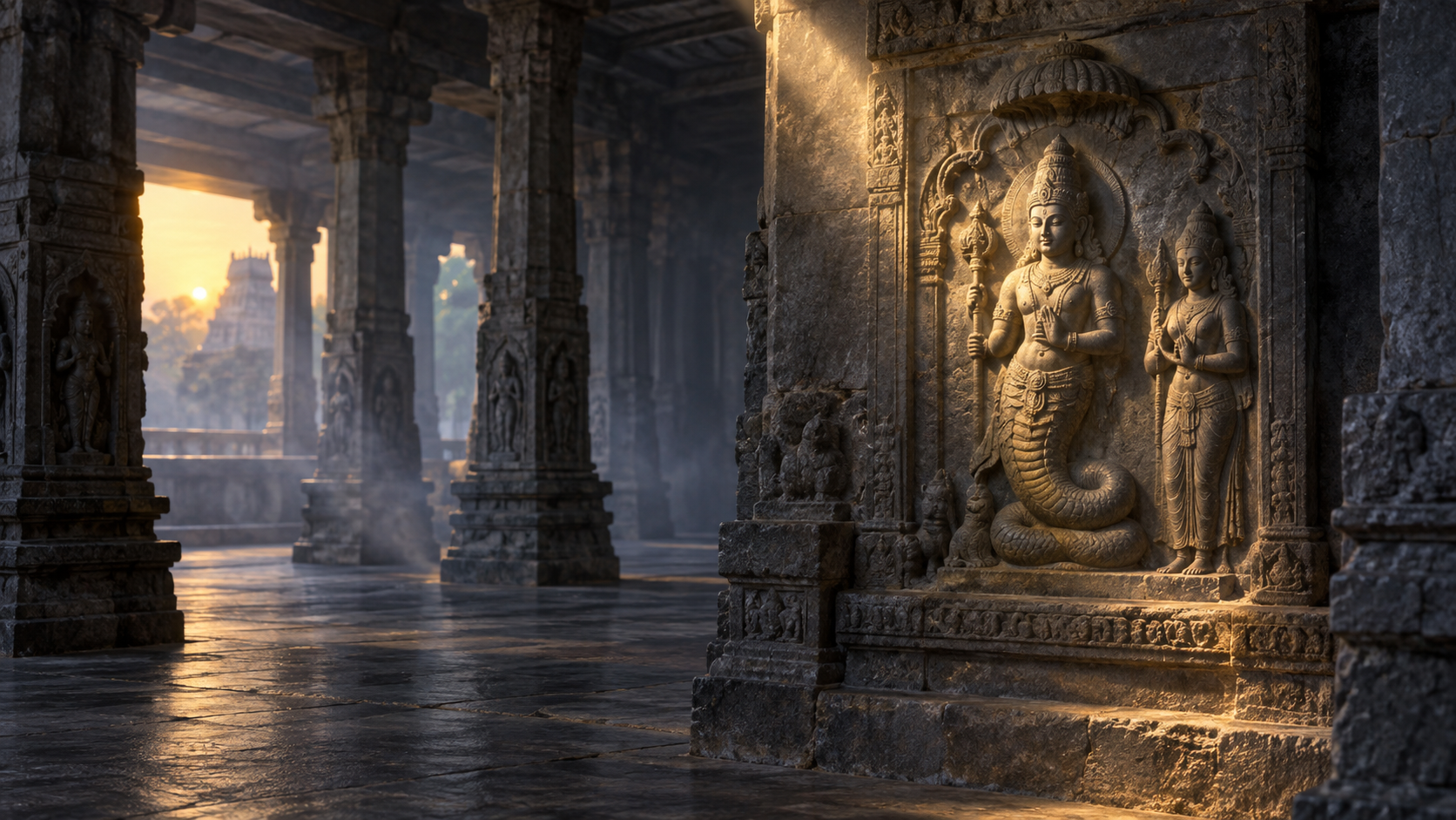 A calm Ketu-and-companion temple relief illuminated by a shaft of dawn light in a shadowed ambulatory.