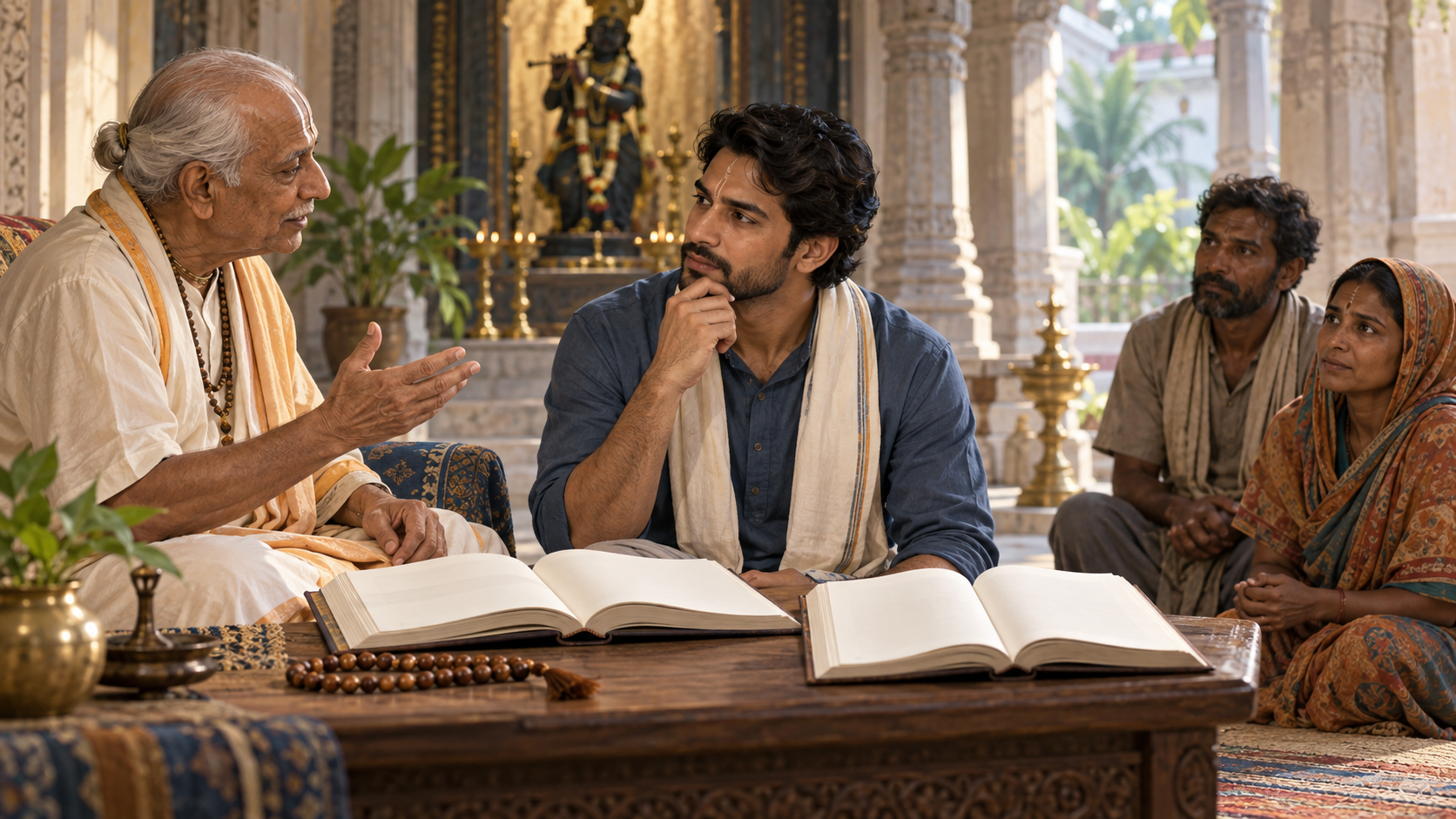 A student listens to a Vaishnava teacher while considering open books and the needs of two people awaiting help.