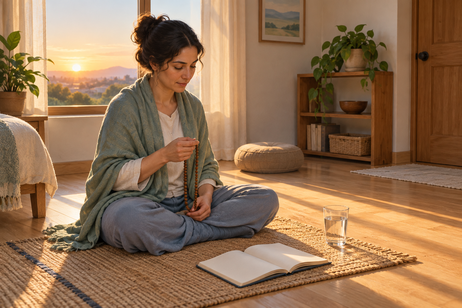 A practitioner begins a quiet dawn routine with prayer beads and an open book in a simple, orderly room.