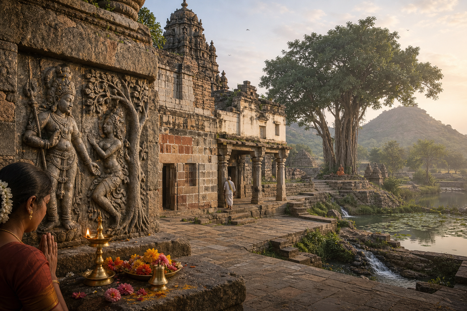 A temple courtyard combines devotional offerings, a carved mythic relief, masonry from several periods, and a sacred tree, spring, pond, and hill.