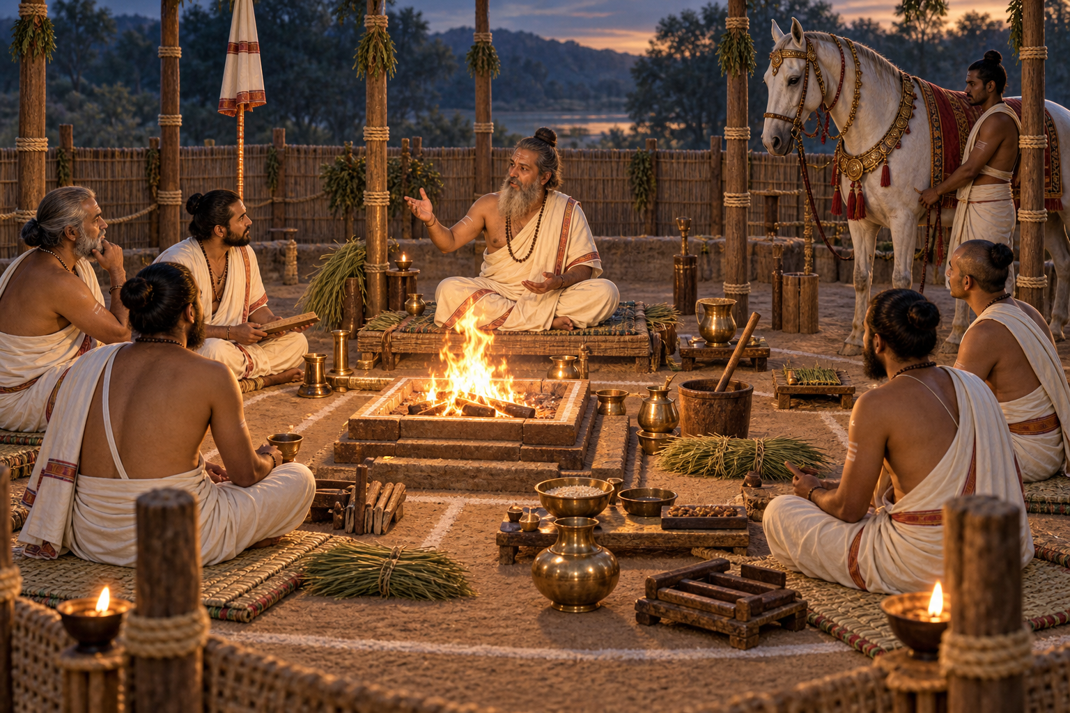 An elevated view of a Vedic ritual enclosure shows a narrator, listeners, sacred fire, ceremonial implements, and a horse arranged as parts of one integrated rite.