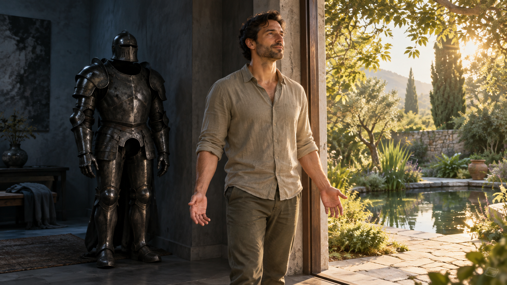 A man in simple clothing stands with open hands beside an empty suit of dark armor, facing a sunlit garden beyond a doorway.