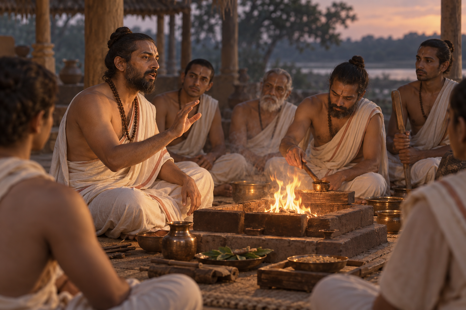 A seated reciter gestures beside a sacred fire as officiants listen and tend ritual implements in a carefully ordered ceremonial setting.