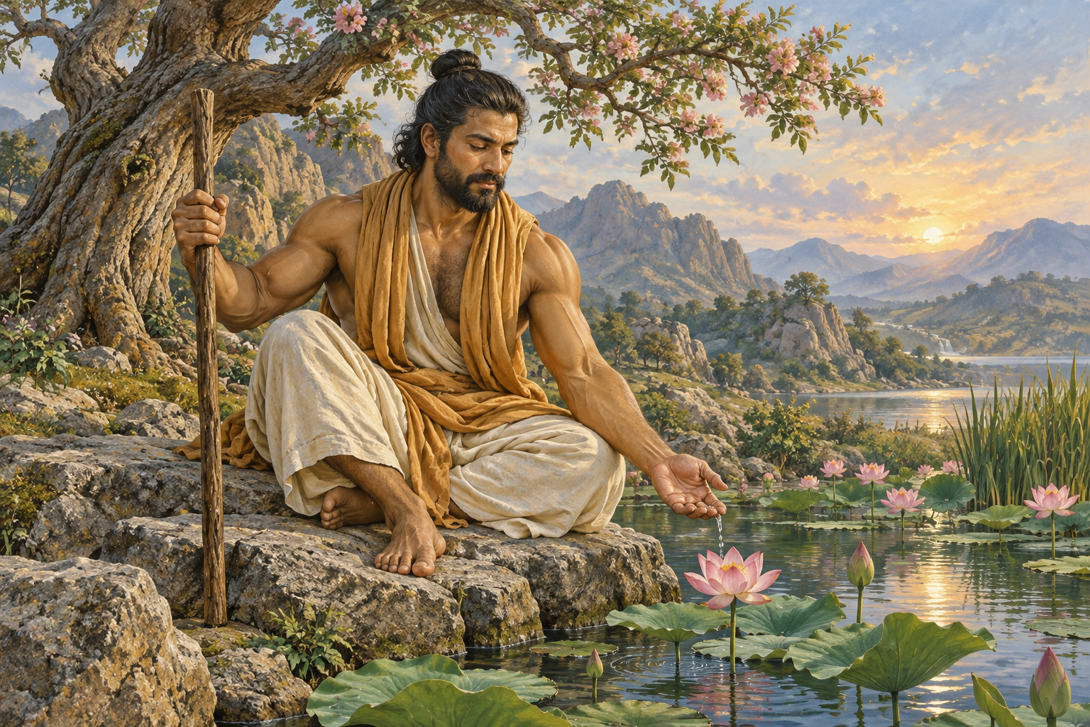 A strong man sits between a granite ledge and a lotus pond, holding a wooden staff with one hand and cupping water above a flower with the other.