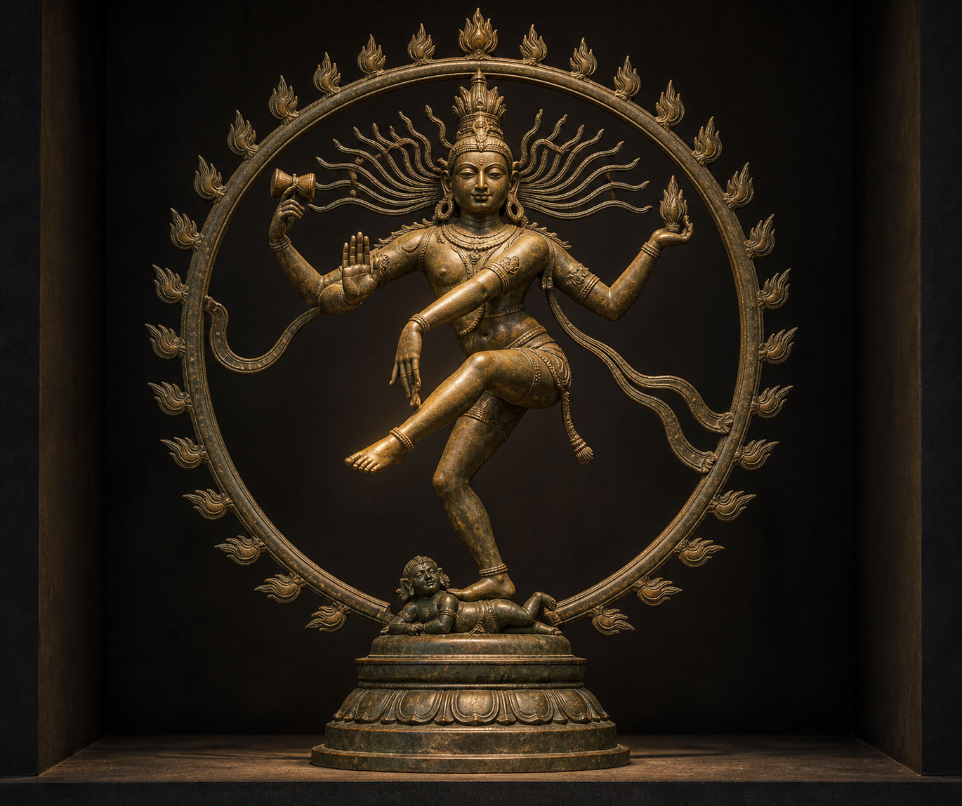 Front view of a bronze Nataraja with the crossing lower arm visually leading toward the lifted foot.