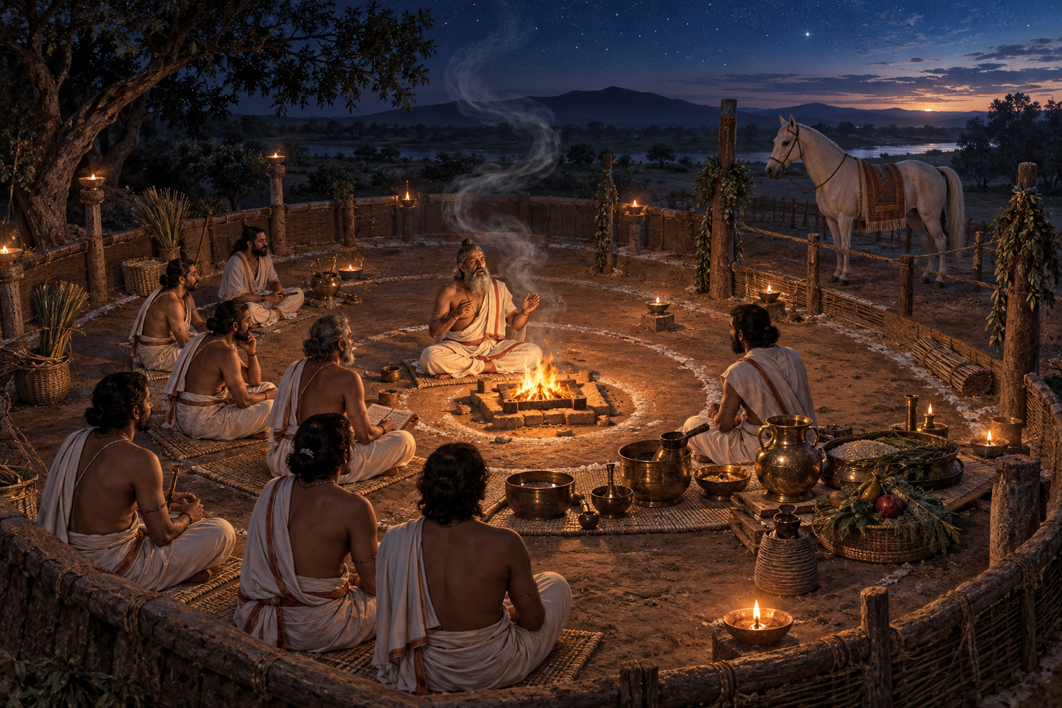 A spiral composition connects a ritual narrator with listeners, ceremonial objects, an enclosed horse, and the surrounding night setting.