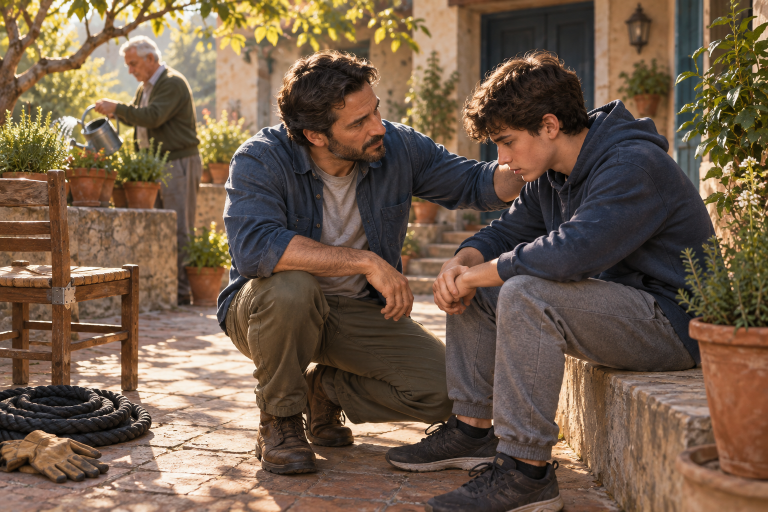A man kneels in a sunlit home courtyard and listens to a distressed teenage boy, while exercise rope, work gloves, a repaired chair, and an older person tending herbs appear nearby.