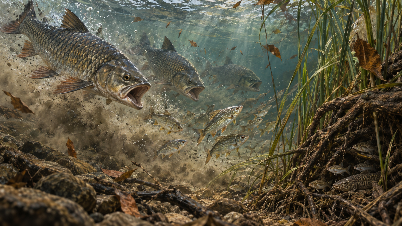 Large freshwater fish chase smaller fish through murky water as the smallest fish hide among reeds and roots.