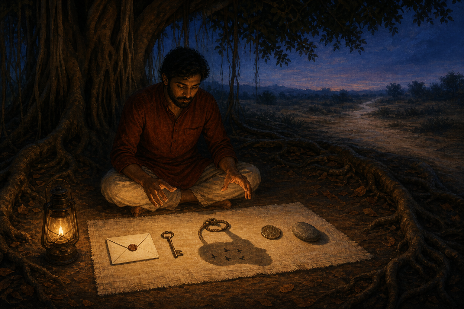 A person beneath a banyan tree considers a letter, key, knotted cord, coin, and stone while the cord casts a shadow containing circling crows.
