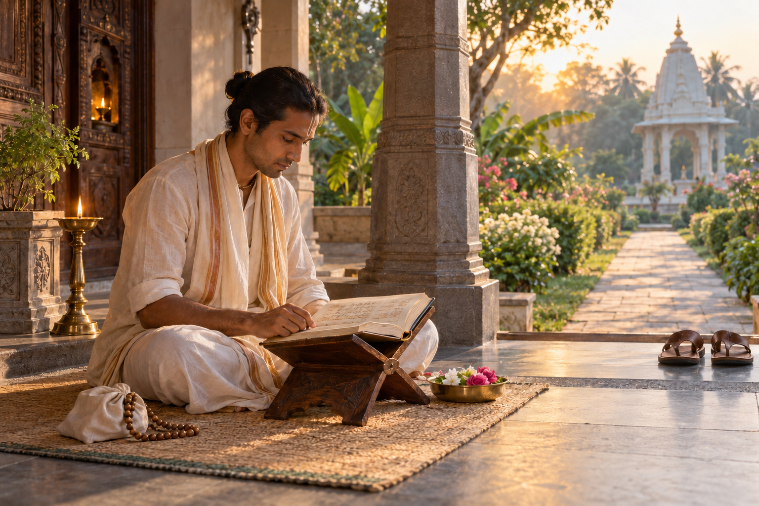 A practitioner studies an open sacred volume on a temple veranda beside prayer beads, flowers, and an oil lamp, with a sunlit garden path beyond.