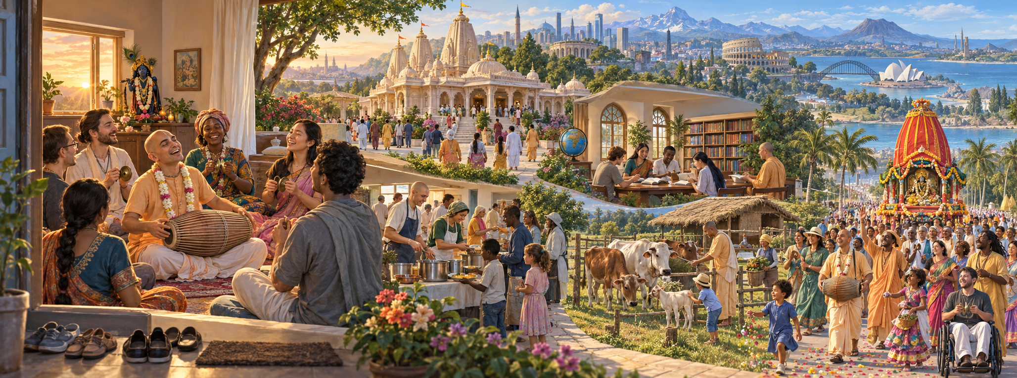 Editorial illustration of a small Krishna devotional gathering expanding into an international network of temples, kitchens, study spaces, festivals, and farms.
