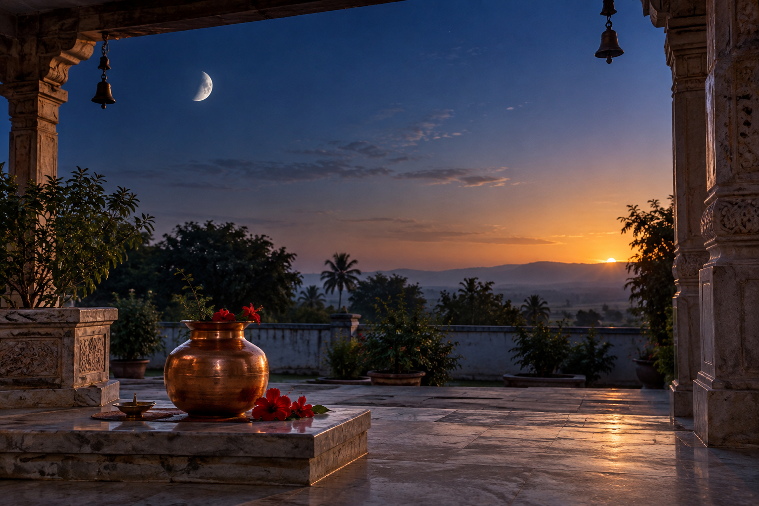 A waxing moon and the first light of sunrise appear over an Indian courtyard with a copper vessel and red flowers prepared for worship.