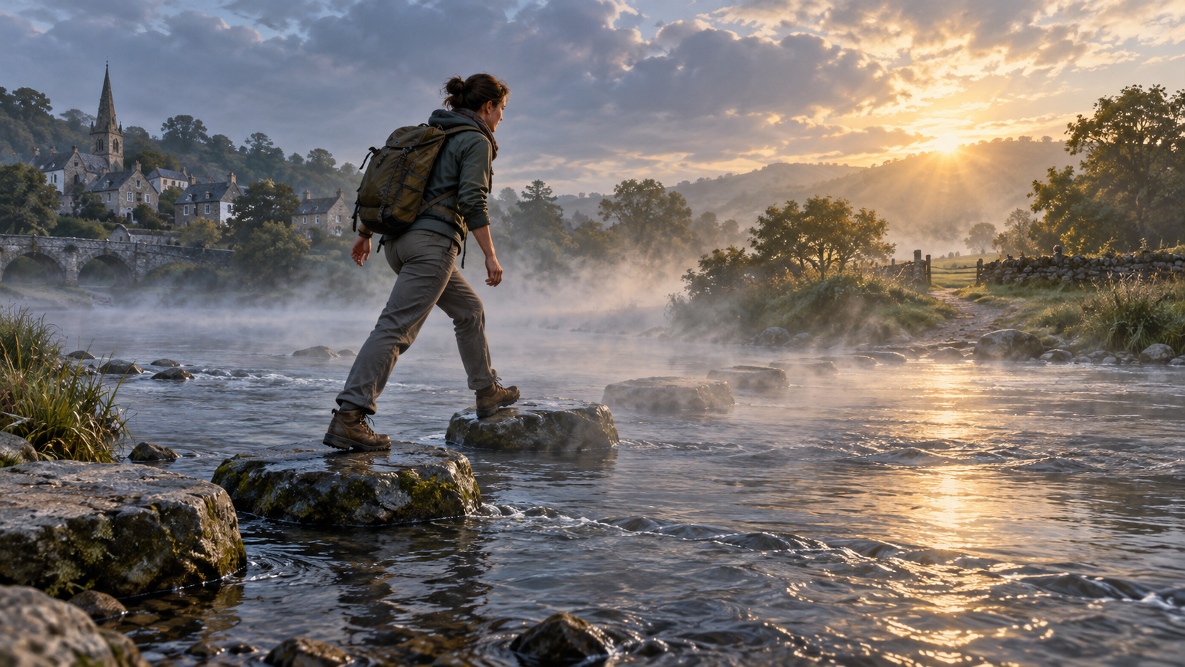 A person begins crossing a misty river on stepping stones while the far bank glows in the early morning light.