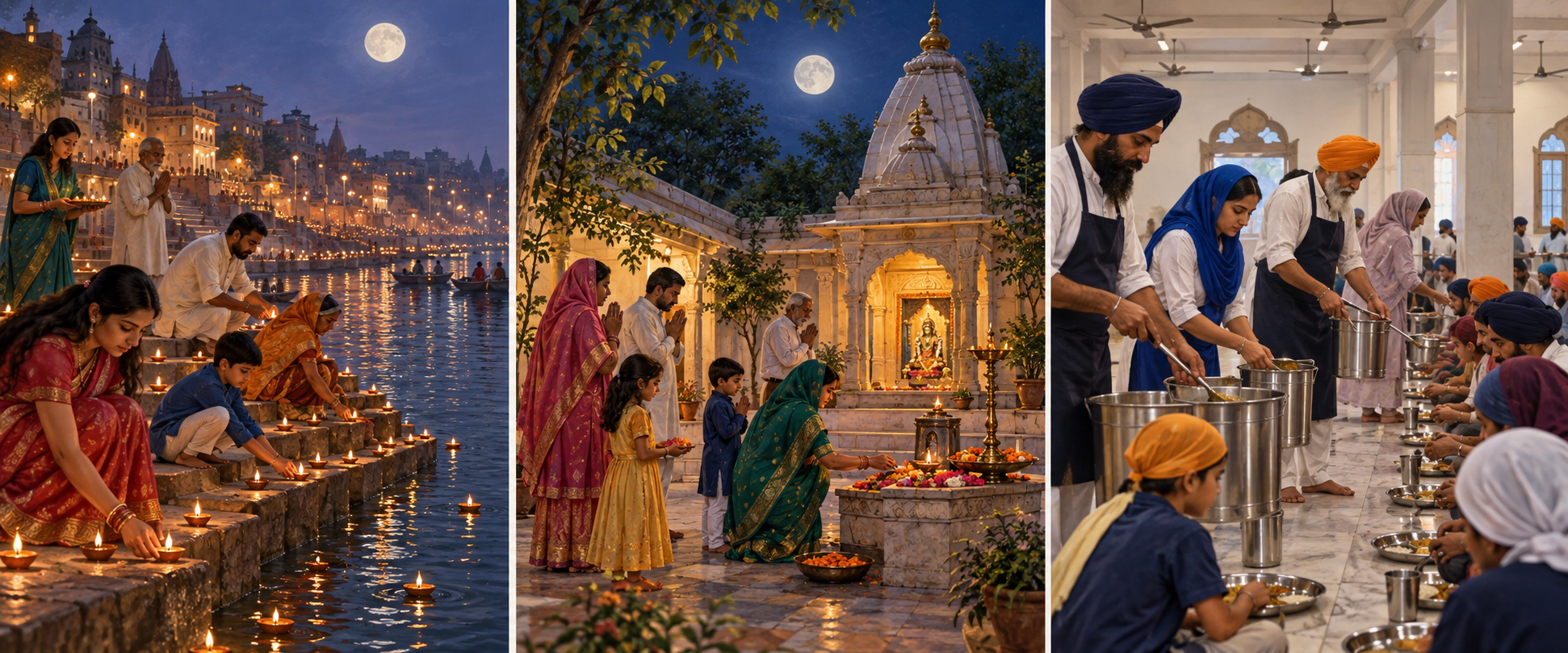 Separate scenes show riverside lamp lighting, temple offerings, and Sikh volunteers serving a community meal.