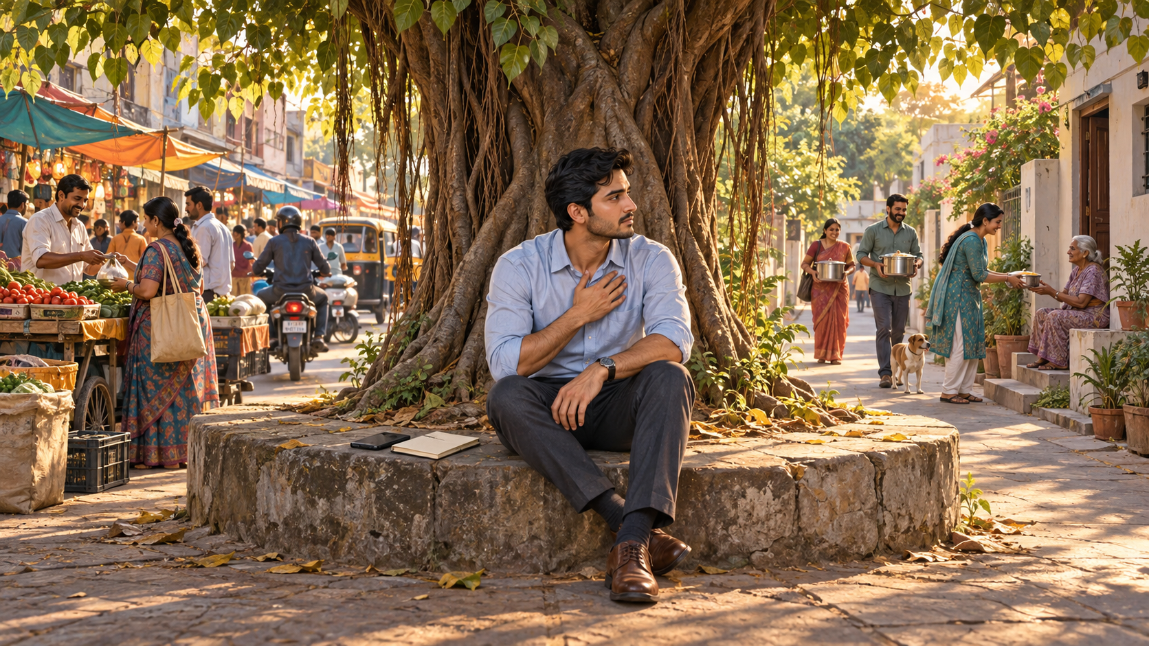 A professional pauses beneath a banyan tree between a busy market and a lane where neighbors carry food to another home.