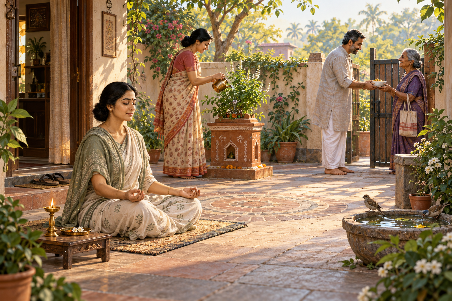Three people in a sunlit courtyard meditate, water a tulsi plant, and offer a bowl of food to a neighbor.