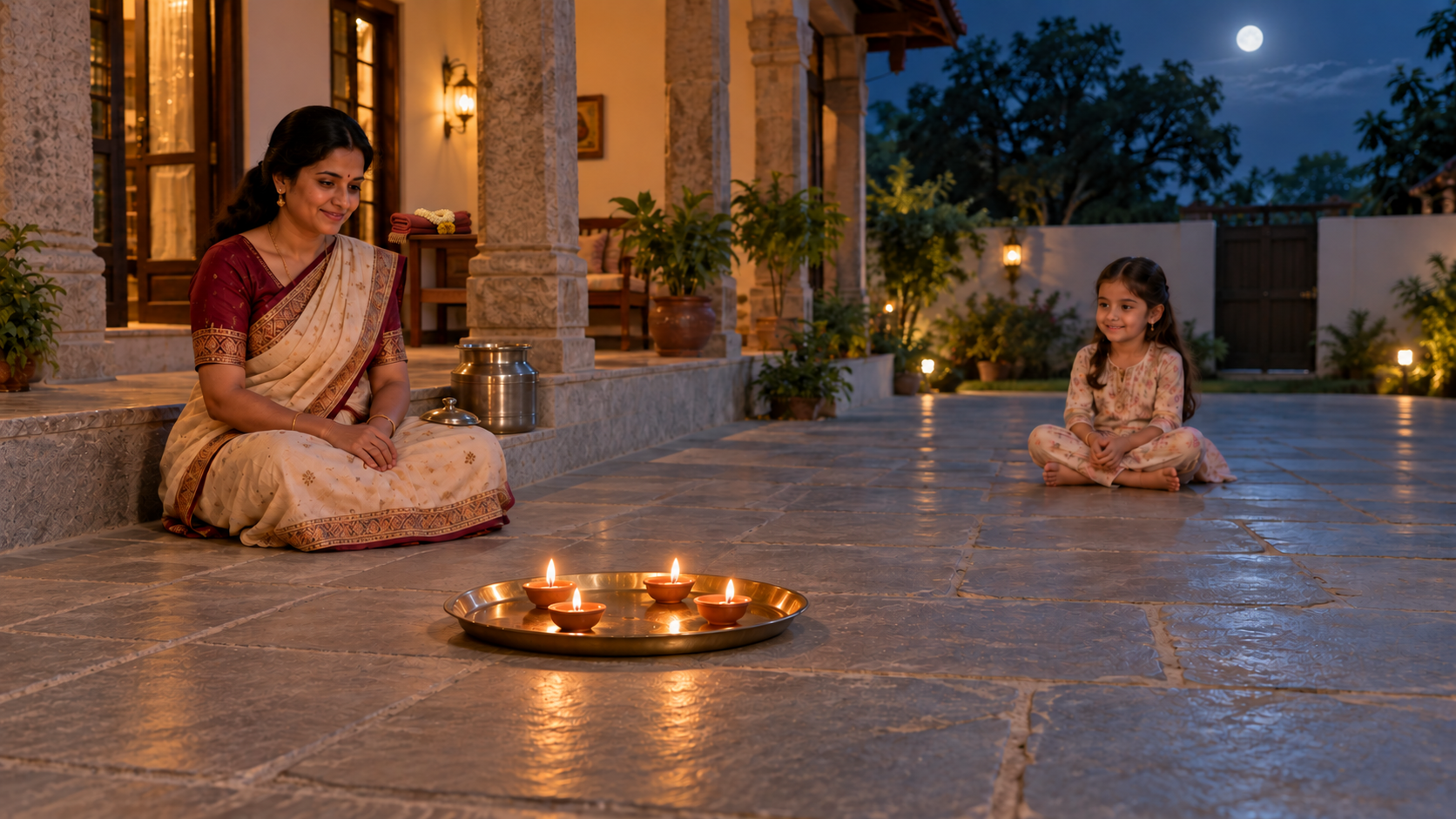 Oil lamps are spaced on a metal tray in a clear courtyard while an adult supervises a child from a safe distance.
