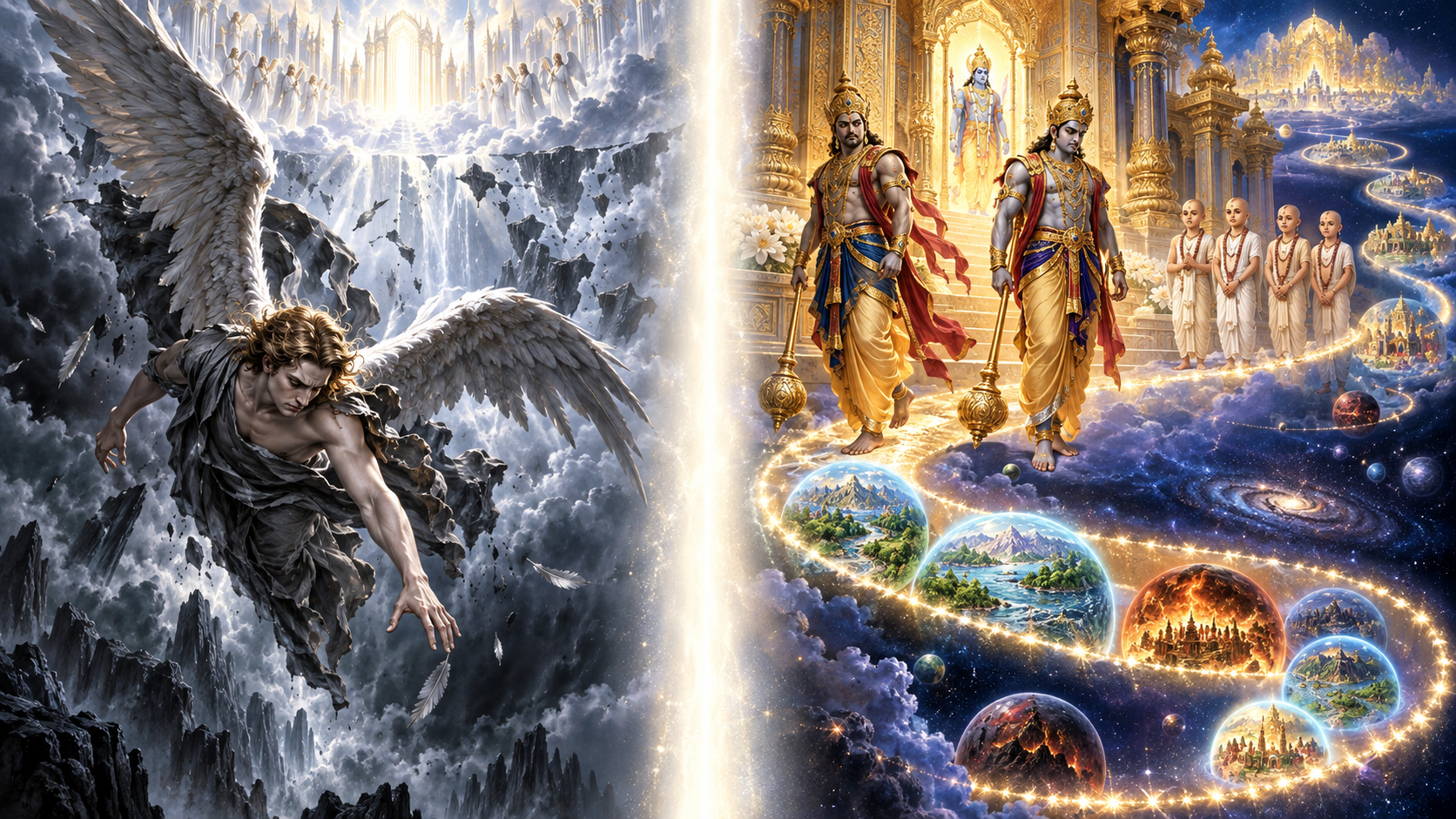 A split scene shows a lone winged being falling from a storm-darkened heaven on the left and the gatekeepers Jaya and Vijaya beginning a descent from a golden celestial temple on the right.