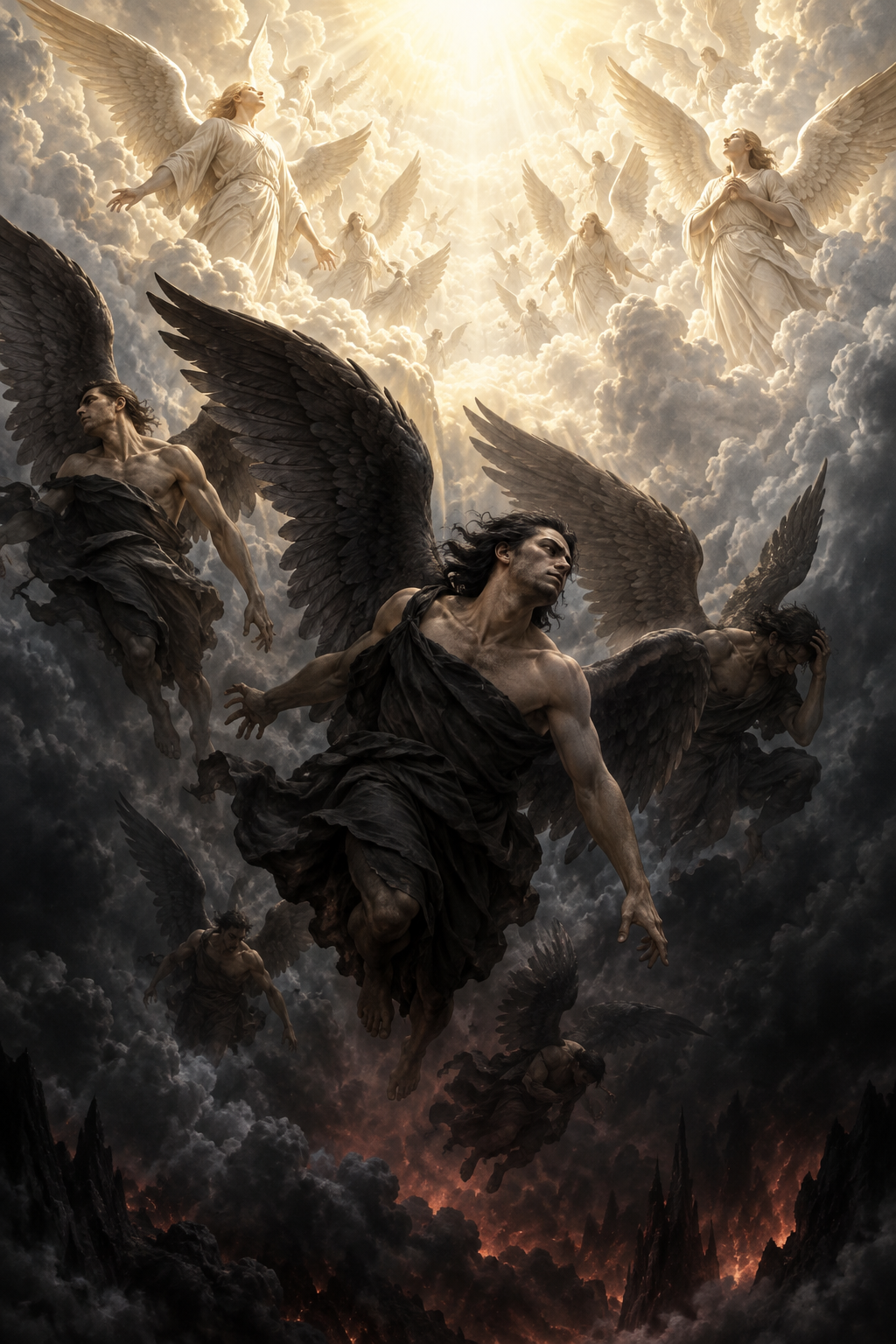 Winged celestial beings turn away from a bright heavenly light and descend through dark, turbulent clouds while other angels remain above.