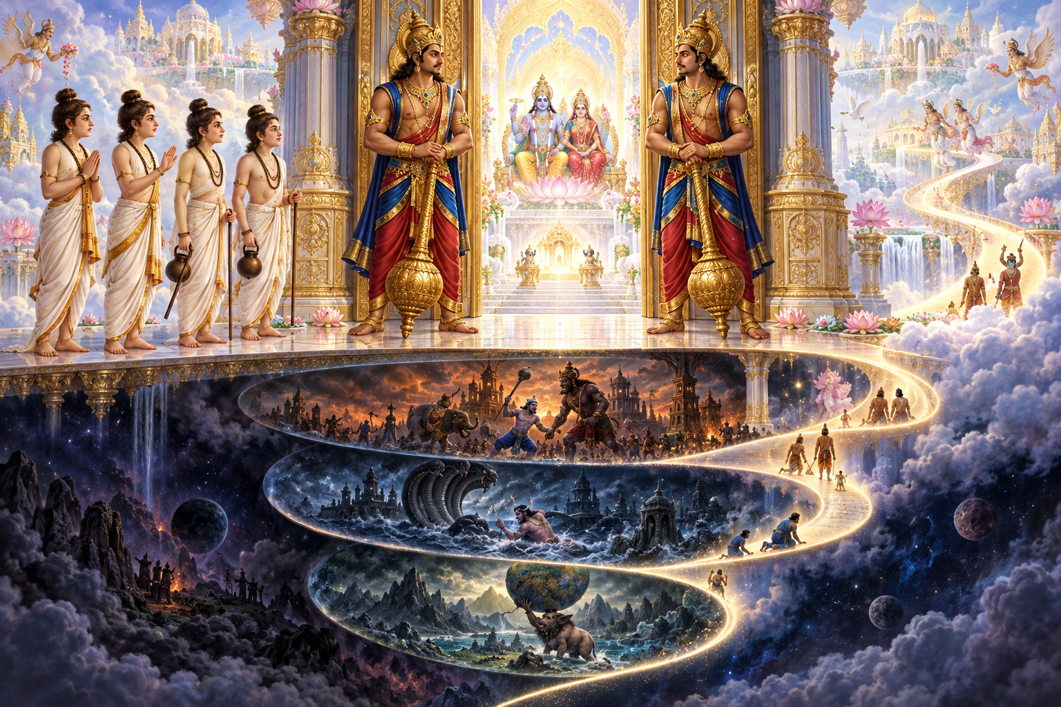 Jaya and Vijaya stand with ceremonial maces at a luminous celestial gateway near four youthful sages, while a spiral path descends through earthly realms and returns toward the divine city.