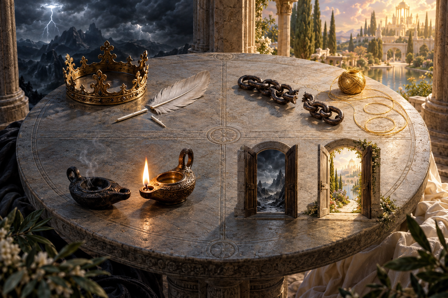 Four pairs of symbolic objects sit on a round stone table, including a crown and feather, a broken chain and golden thread, two lamps, and two open doorways.