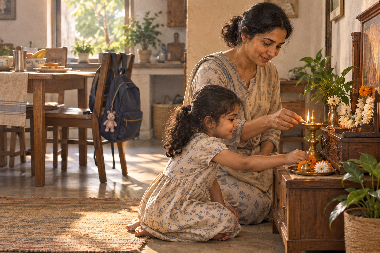 A child places a flower at a home prayer space while a parent lights a brass lamp before the school day.