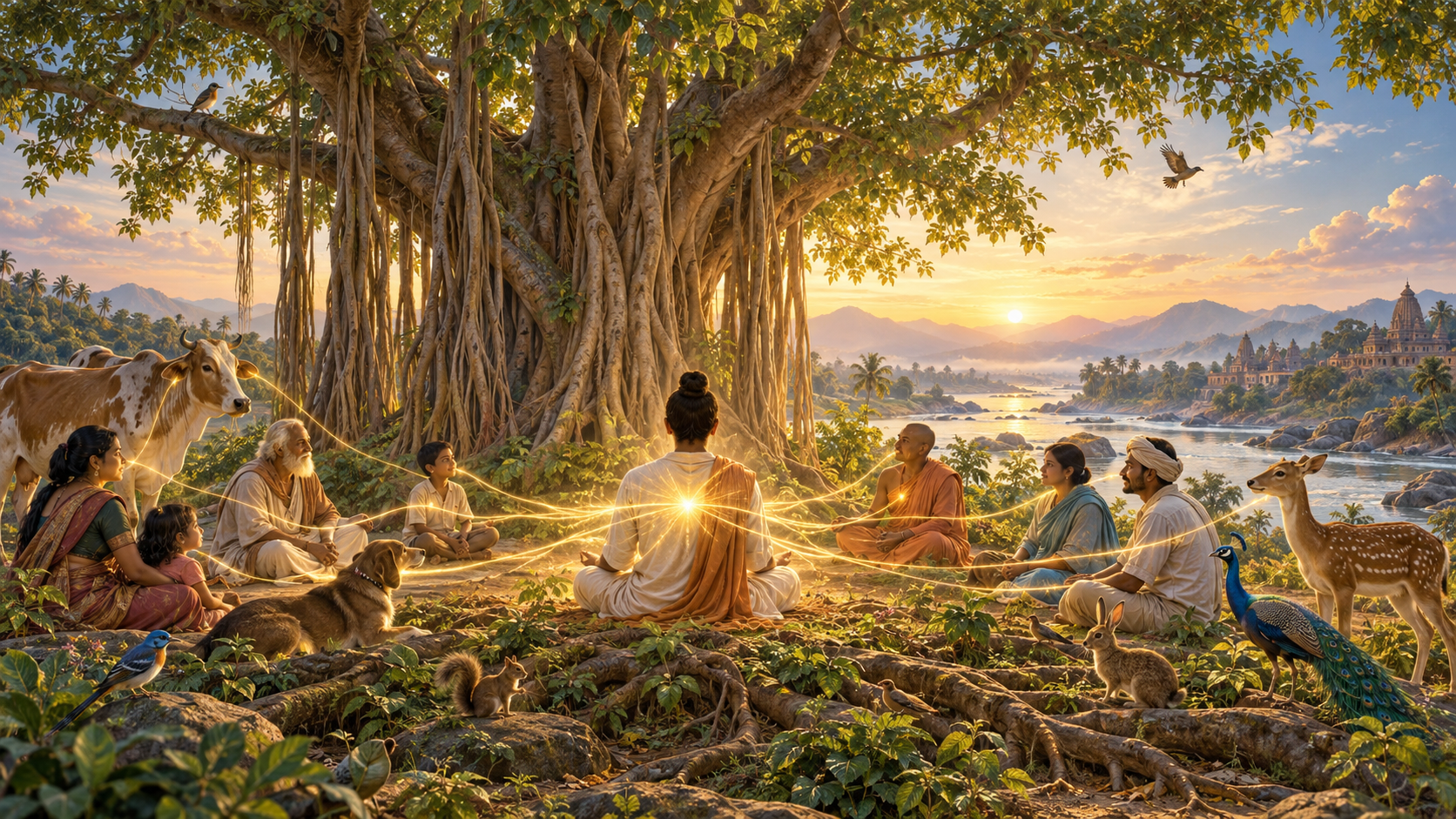 A meditating practitioner beneath a banyan tree surrounded by diverse people and animals illuminated by the same golden light.