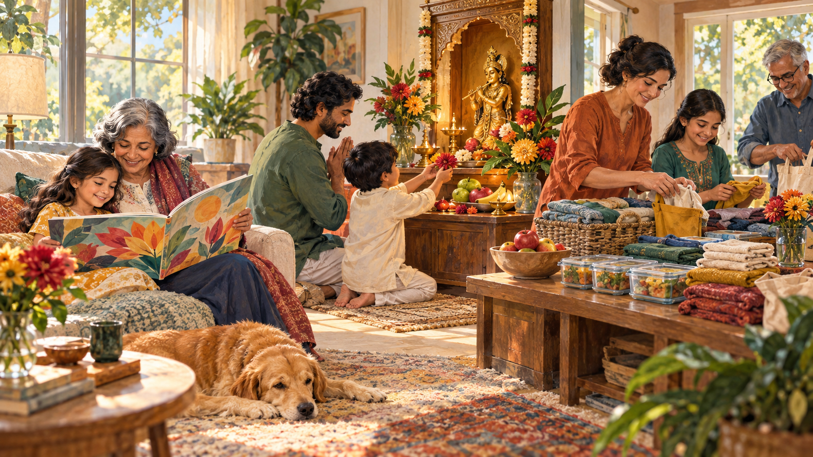 A family reads a devotional story, offers flowers at a shrine, and prepares food and clothing to help others.