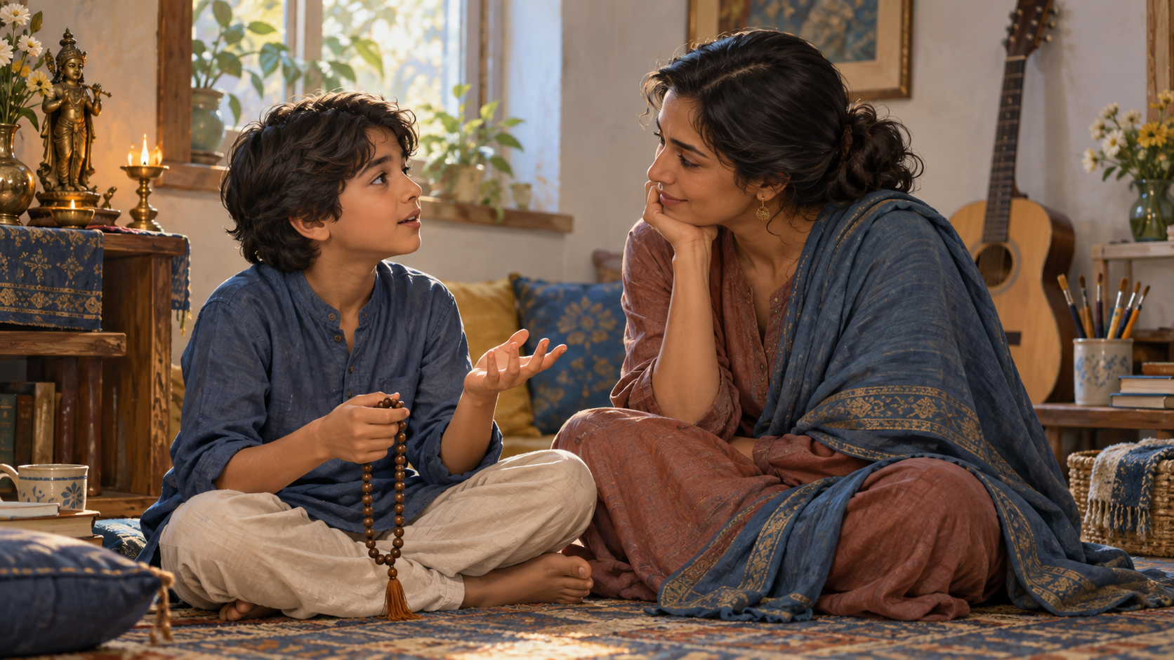 A parent listens attentively as an older child asks a question while holding prayer beads.