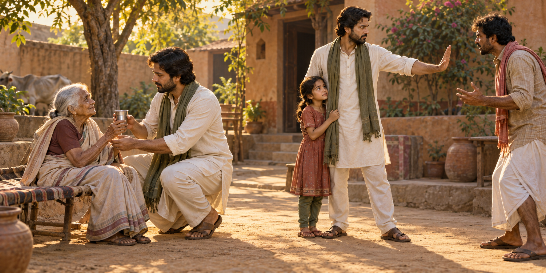 A person helps an elderly villager while also placing a firm nonviolent boundary between a child and an angry adult.