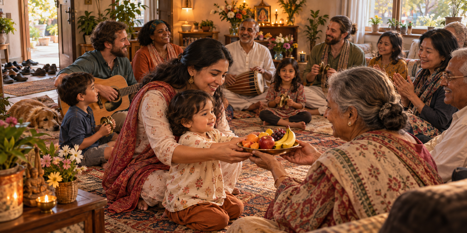 Families gather in a devotional circle while a parent helps a child offer fruit to an elder.