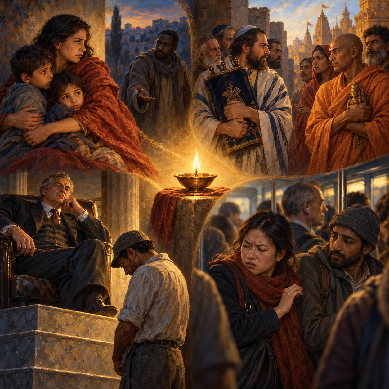 Four scenes around a central lamp show family favoritism, conflict between groups, a power imbalance, and irritation toward a stranger.