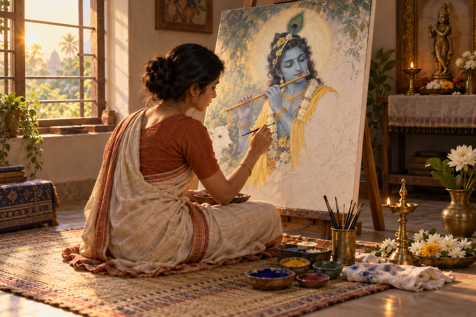 An artist sits in a quiet studio painting a sacred image of Krishna beside an oil lamp, flowers, pigments, and brushes.
