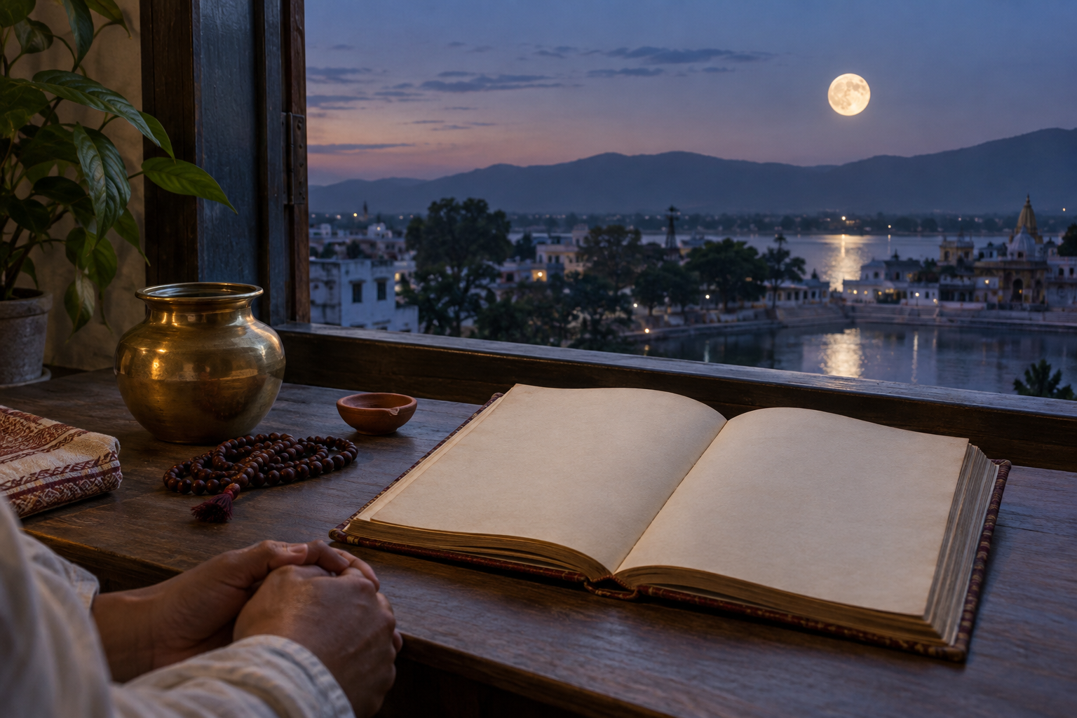 A blank open almanac, prayer beads, brass vessel, and clay lamp sit by a window facing the rising full moon.