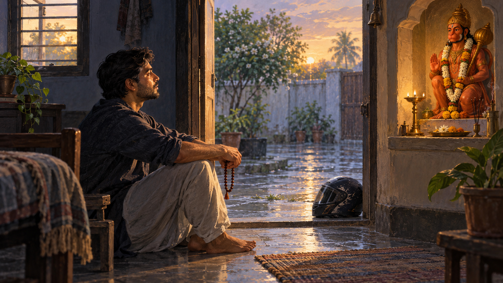 An adult holding prayer beads sits near a small Hanuman shrine at dawn, with a scuffed motorcycle helmet beside the open doorway.