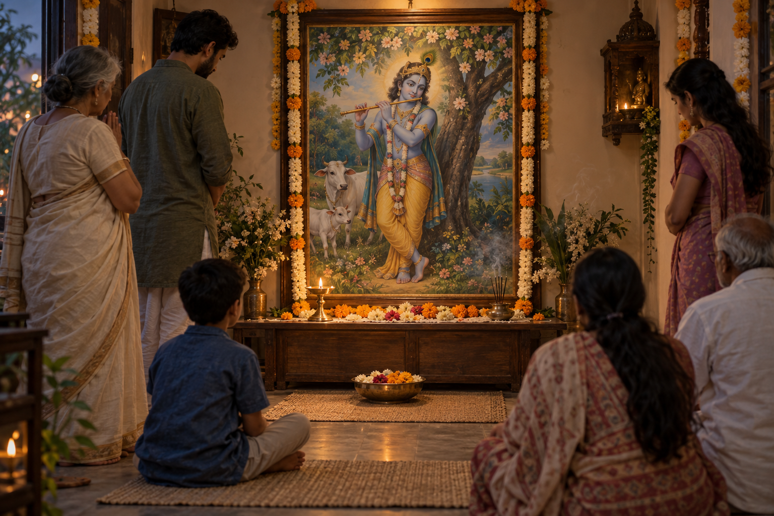 People gather quietly before a devotional painting of Krishna in a simple prayer space decorated with flowers and a lamp.
