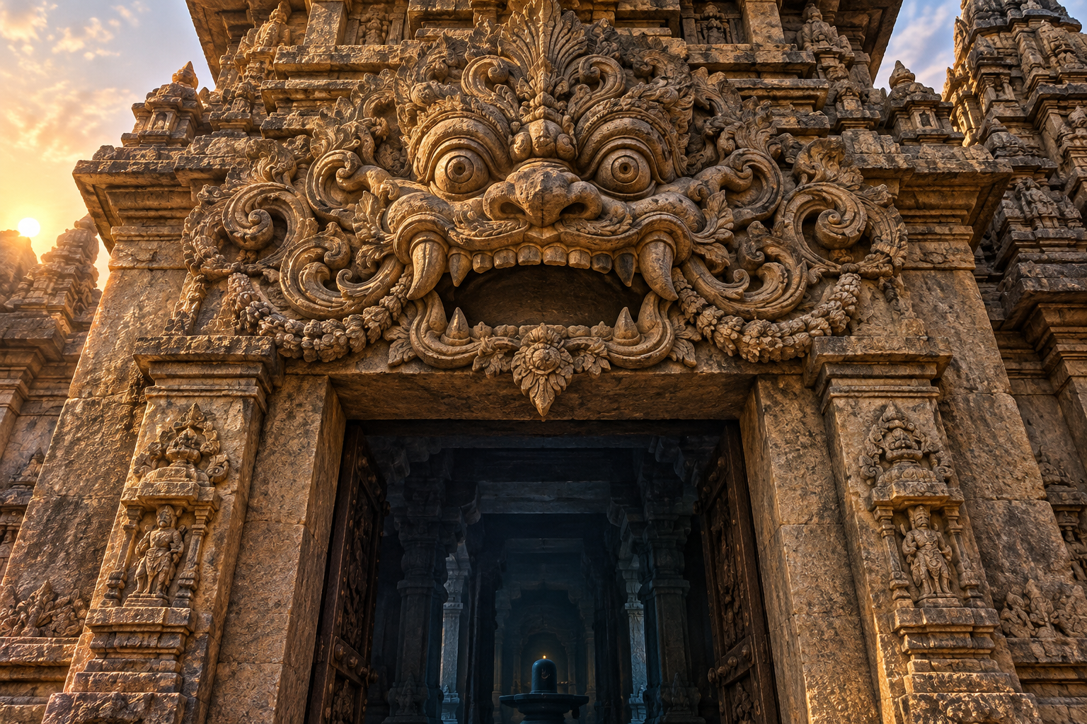 A fierce bodiless Kirtimukha face carved above the shadowed doorway of a stone Hindu temple at dawn.