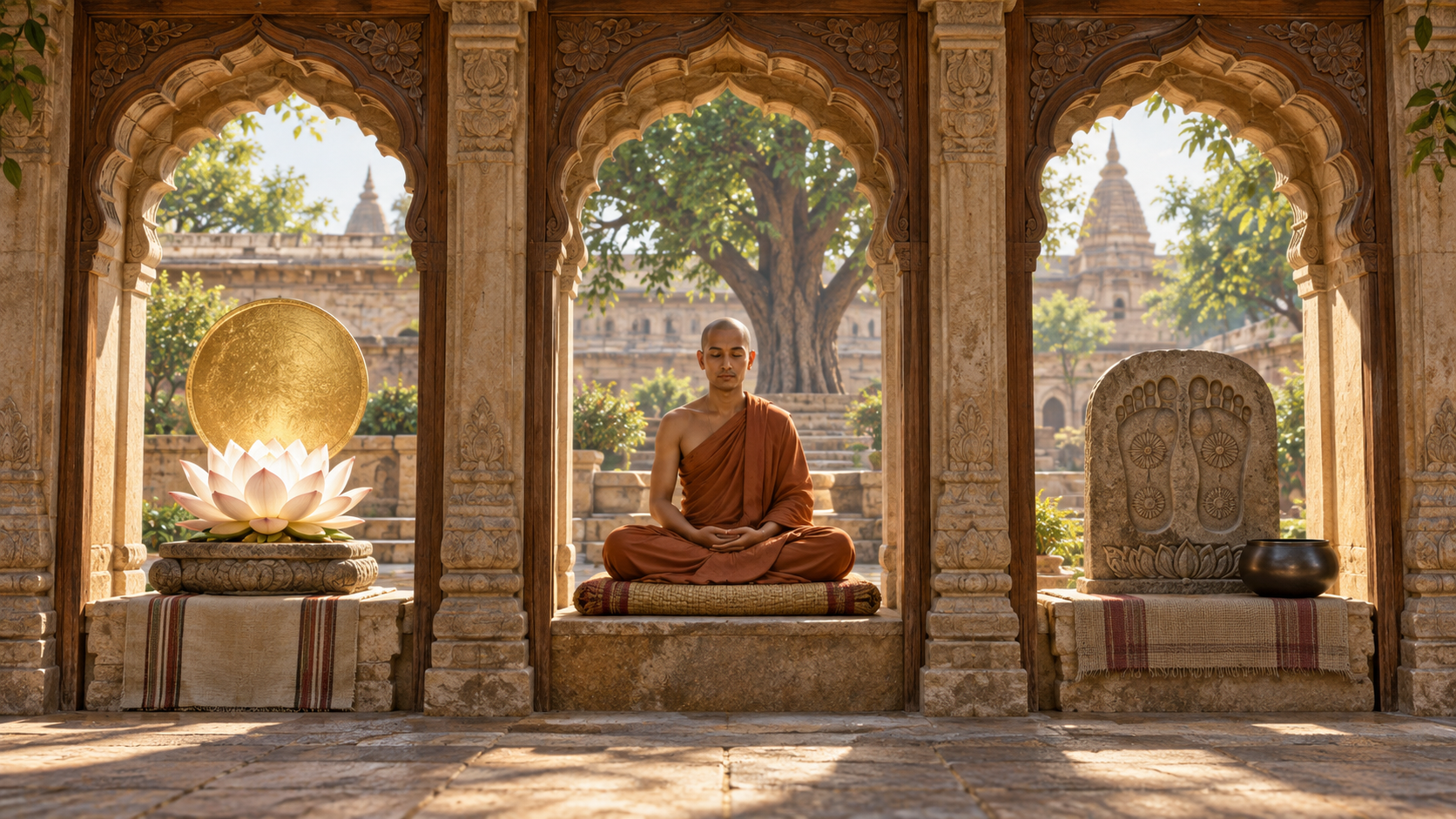 Three arched niches display a radiant lotus, a seated monastic teacher, and symbolic footprints with a begging bowl.
