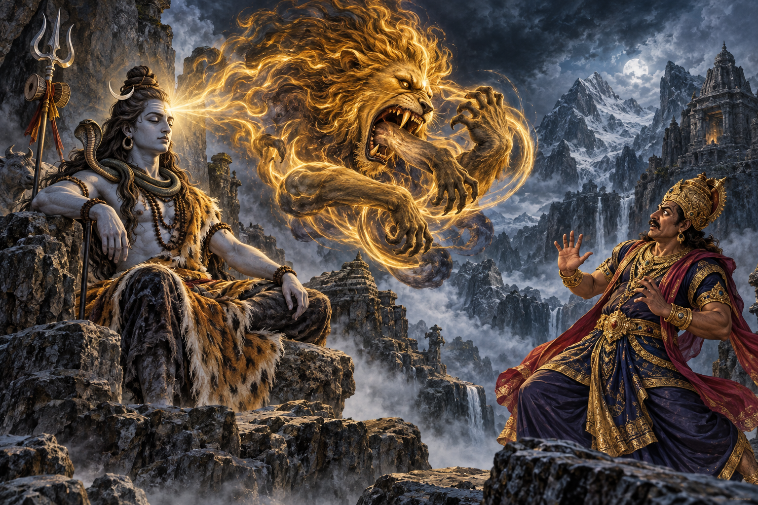 Shiva sits calmly as a fierce leonine being emerges before an alarmed, richly dressed emissary and begins turning its hunger upon itself.