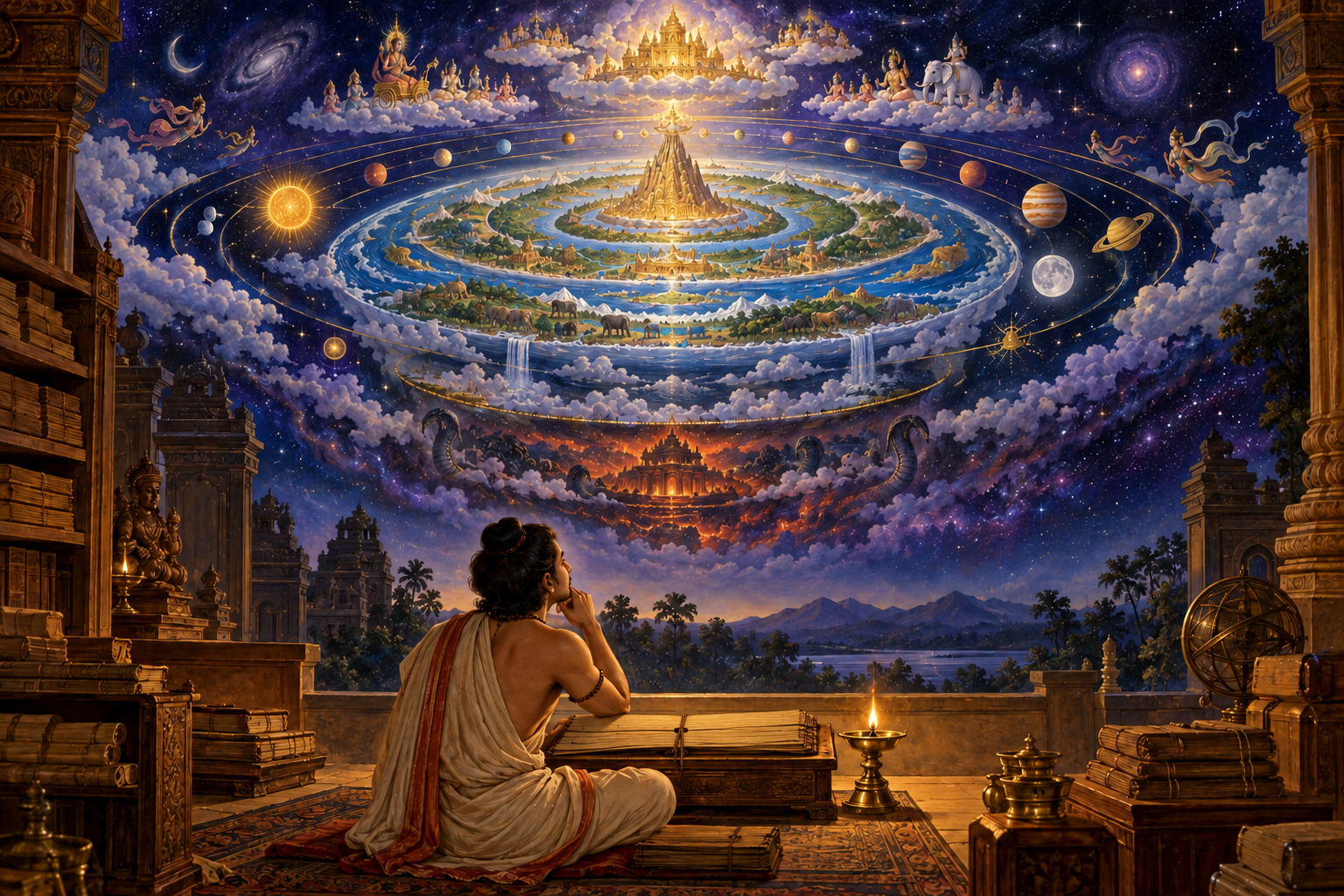 A reader studies an open palm-leaf manuscript beneath a layered symbolic cosmos of islands, oceans, celestial realms, and stars.