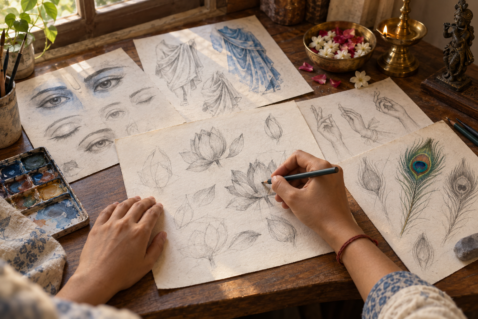 An artist practices drawing lotus petals, fabric, hands, eyes, and a peacock feather beside flowers and a brass lamp.