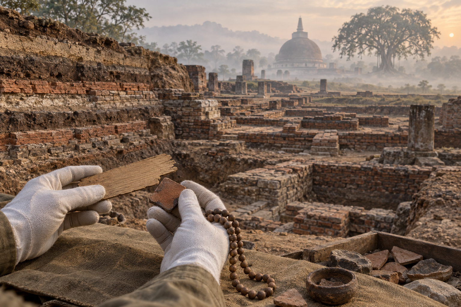 Excavated brick layers, pottery fragments, a palm-leaf manuscript, and counting beads appear before a distant stupa and sacred fig tree.