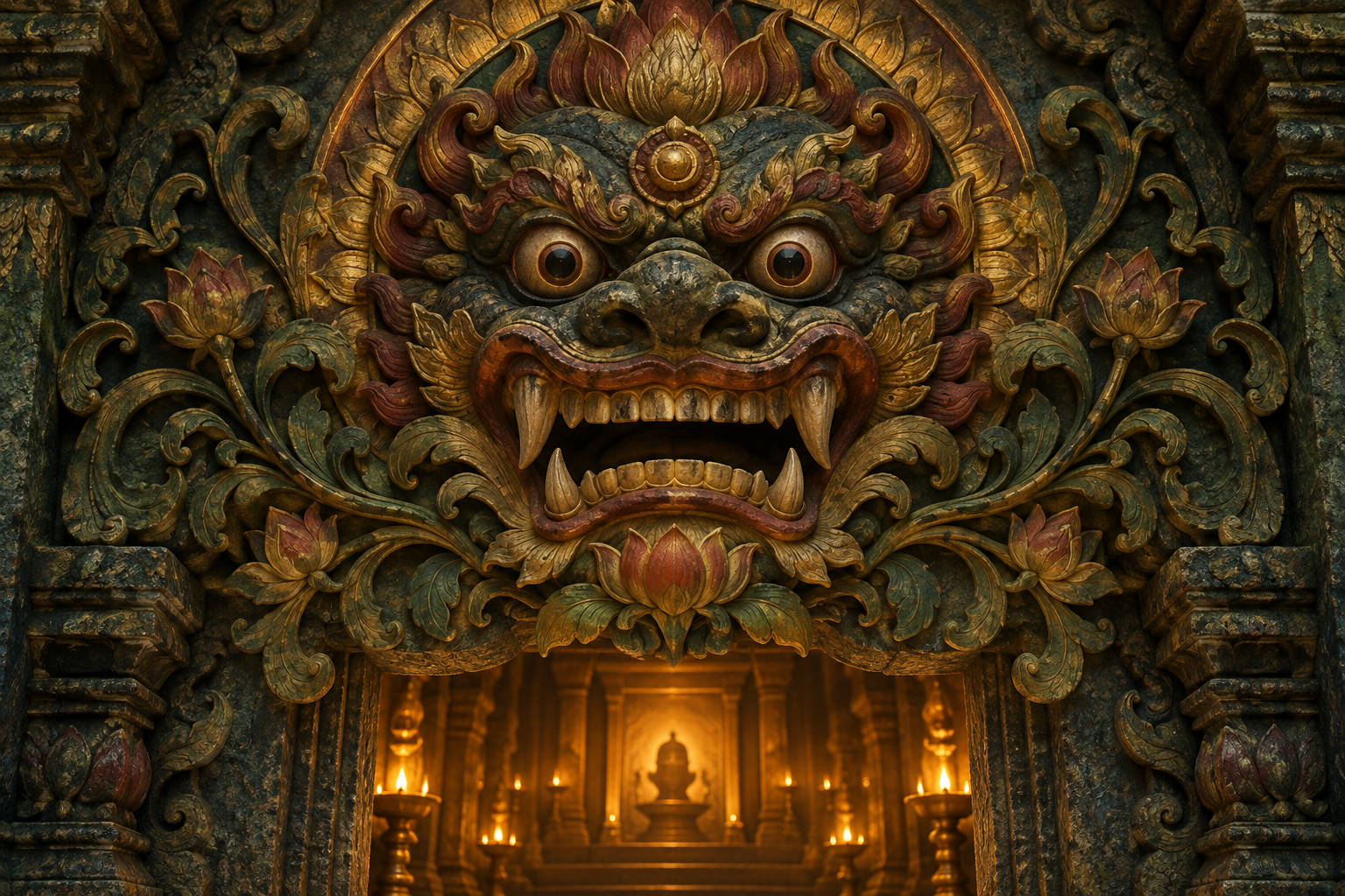 A bodiless Kirtimukha face surrounded by lotus vines and golden light guards the entrance to a softly illuminated sanctuary.
