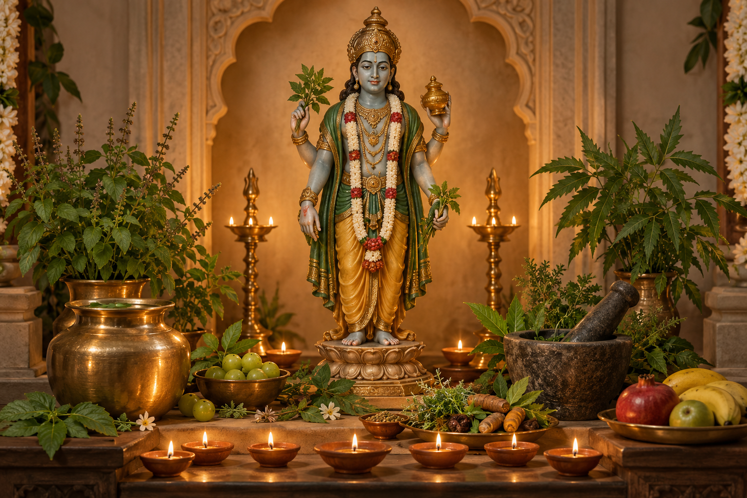 A home altar for Dhanvantari with a brass vessel, medicinal herbs, fruit, a mortar and pestle, and glowing oil lamps.