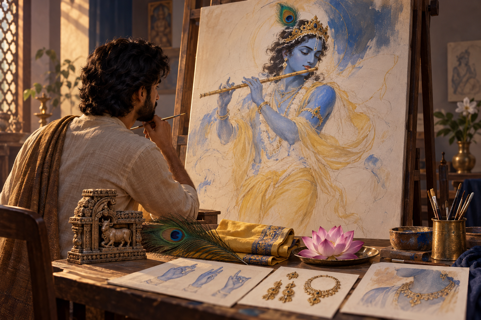 A painter checks an unfinished image of Krishna against studies of gestures, clothing, ornaments, a lotus, and a peacock feather.