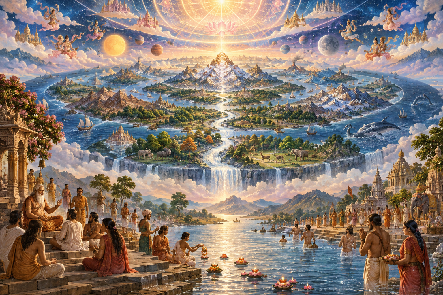 People beside a river appear below a circular cosmic landscape that rises into an abstract field of radiant light.