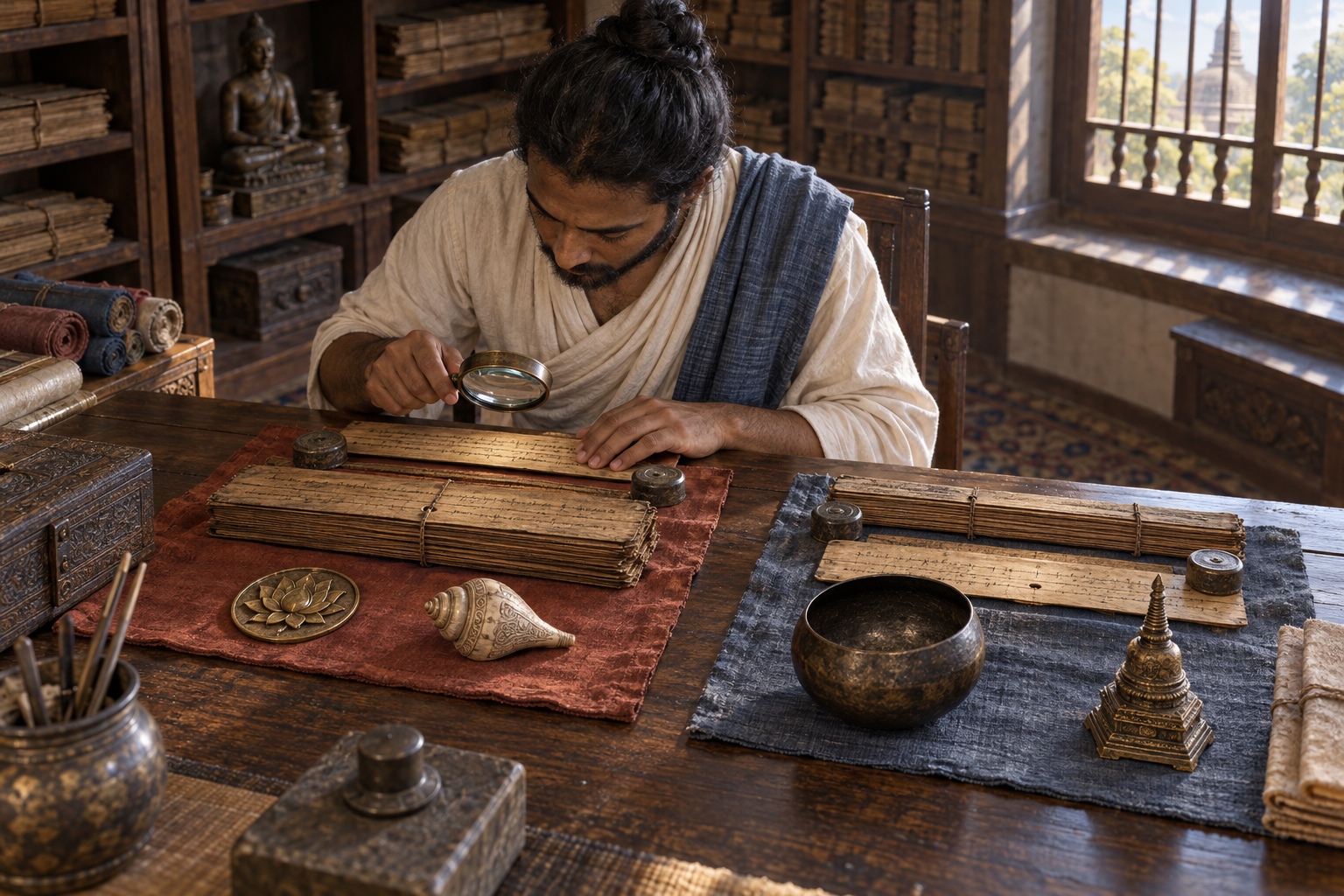 A researcher compares two separate palm-leaf manuscript bundles beside a lotus medallion, conch-shaped ornament, alms bowl, and miniature stupa.
